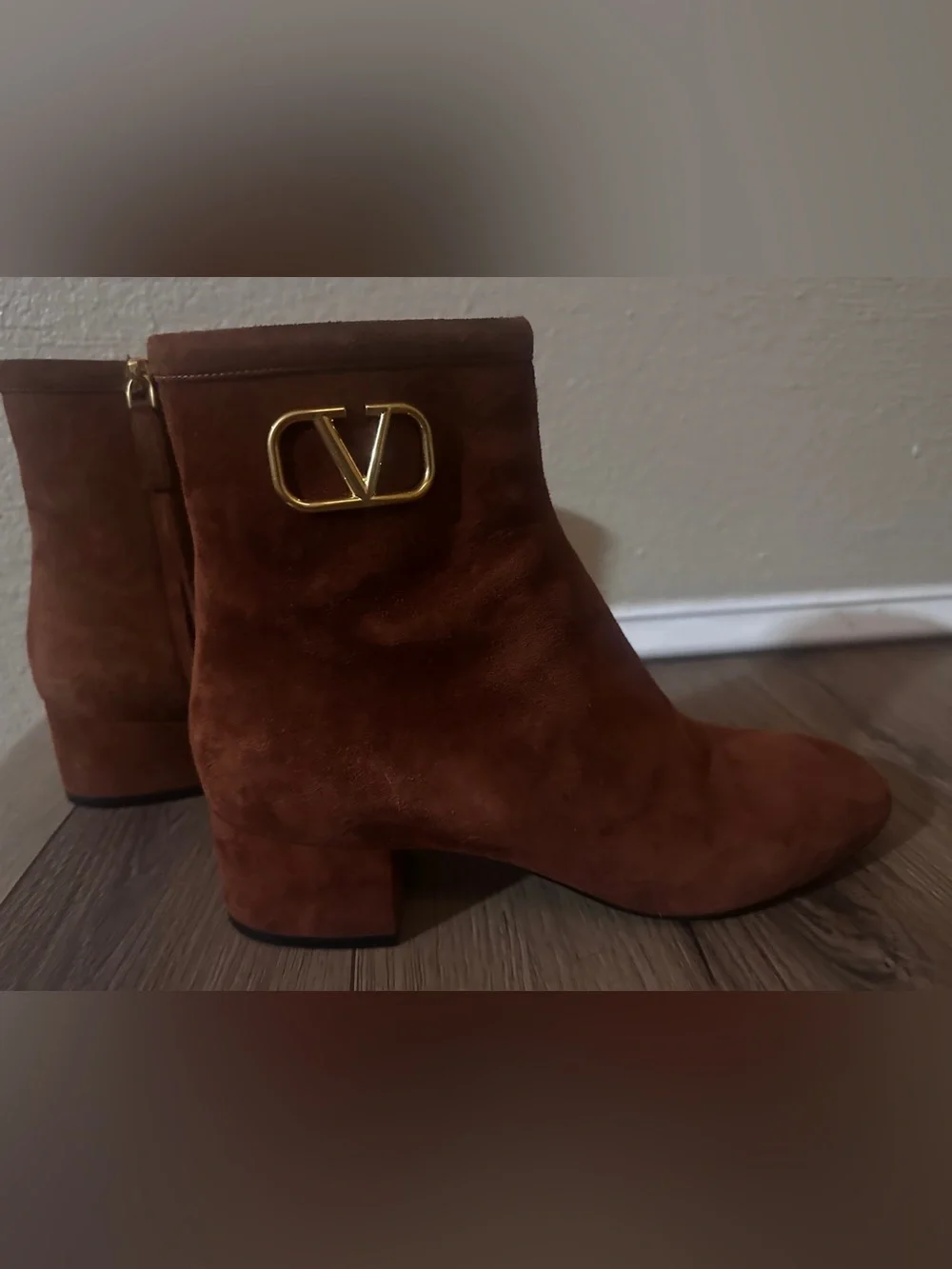 Valentino Rust Brown Suede Ankle Boots with Gold V Logo